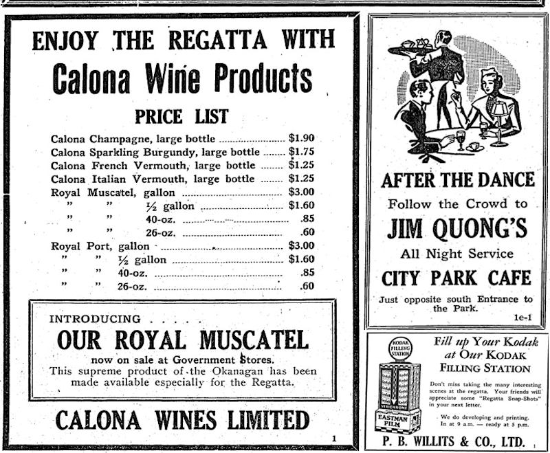 Calona wines August 2nd, 1938 Kelowna Courier Regatta Extra edition
